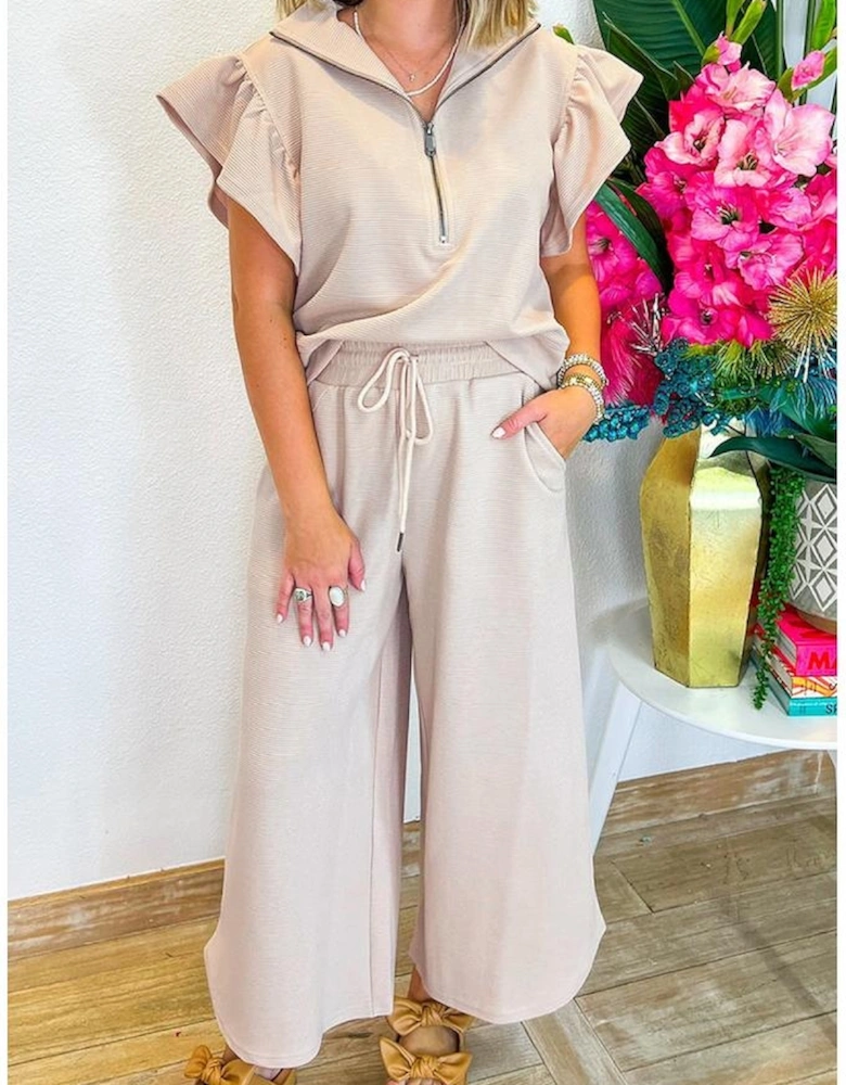 Apricot Textured Ruffled Sleeve Zipped Top and Wide Leg Pants Set