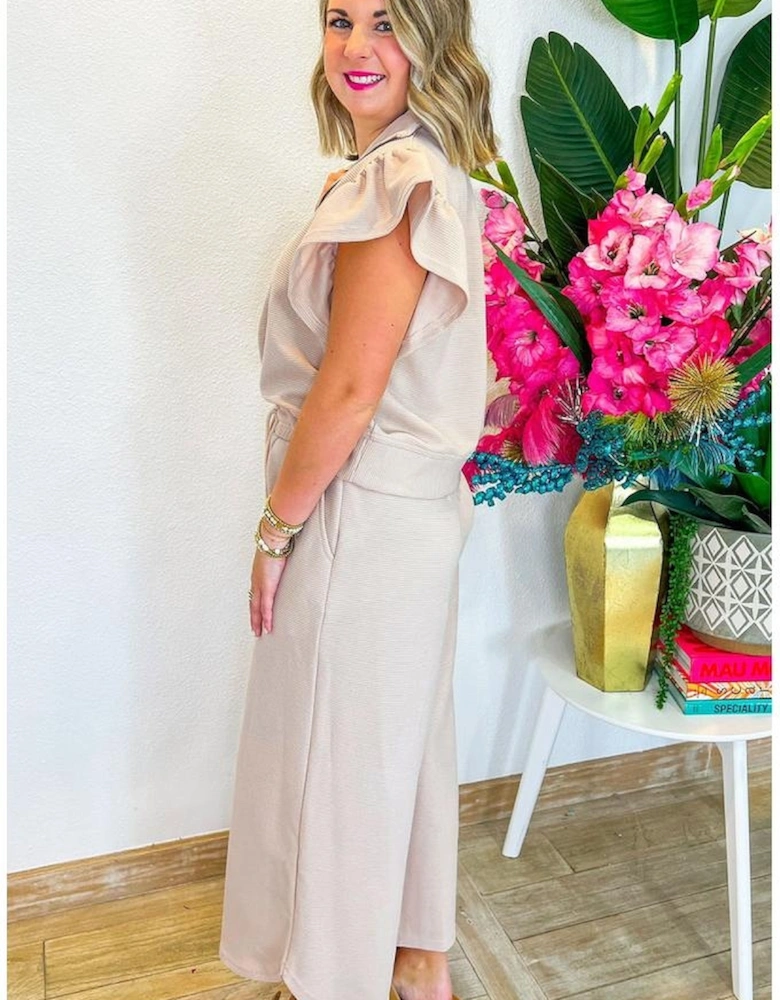 Apricot Textured Ruffled Sleeve Zipped Top and Wide Leg Pants Set