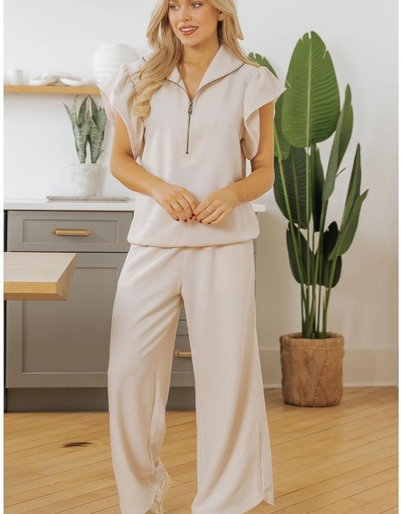 Apricot Textured Ruffled Sleeve Zipped Top and Wide Leg Pants Set
