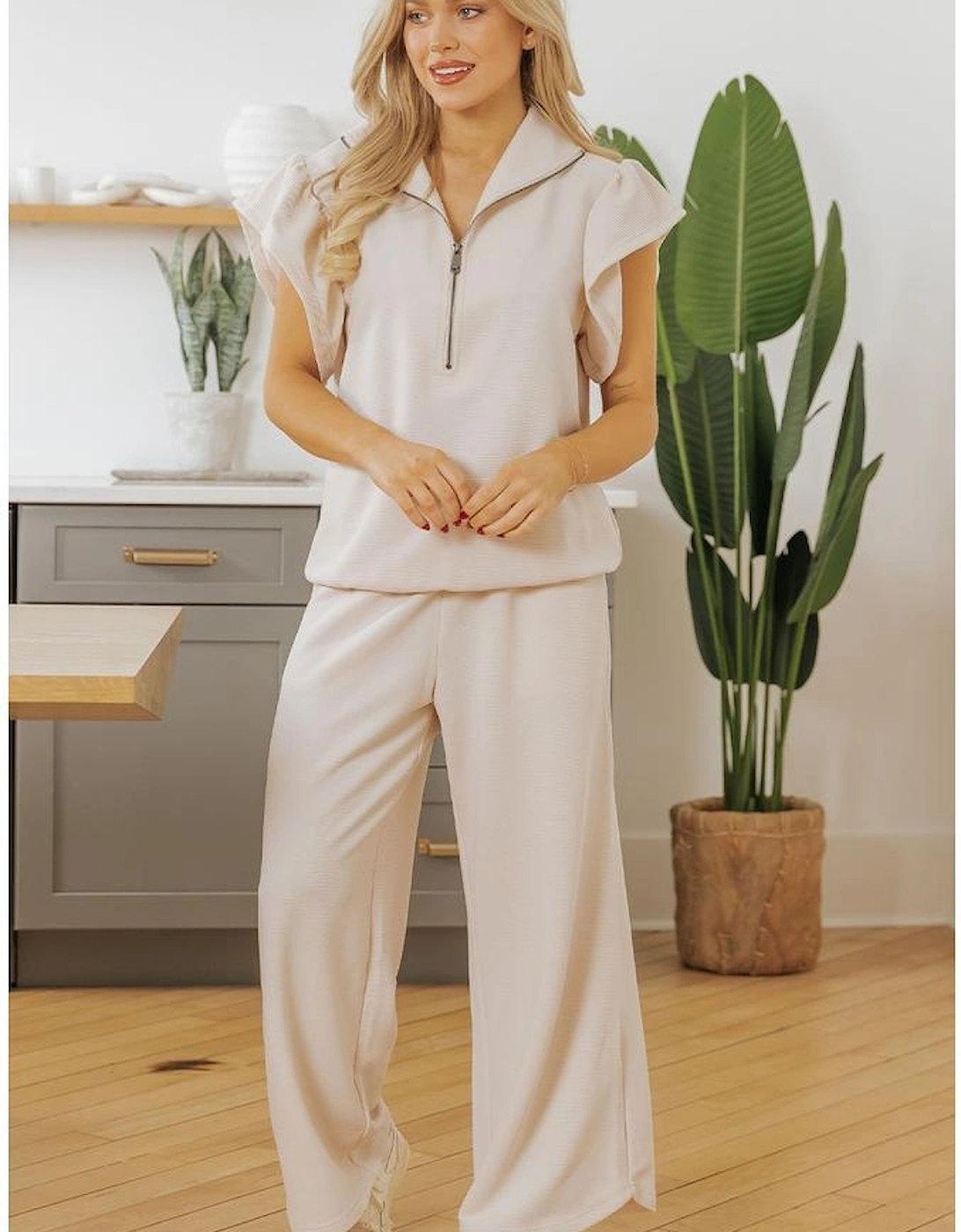 Apricot Textured Ruffled Sleeve Zipped Top and Wide Leg Pants Set