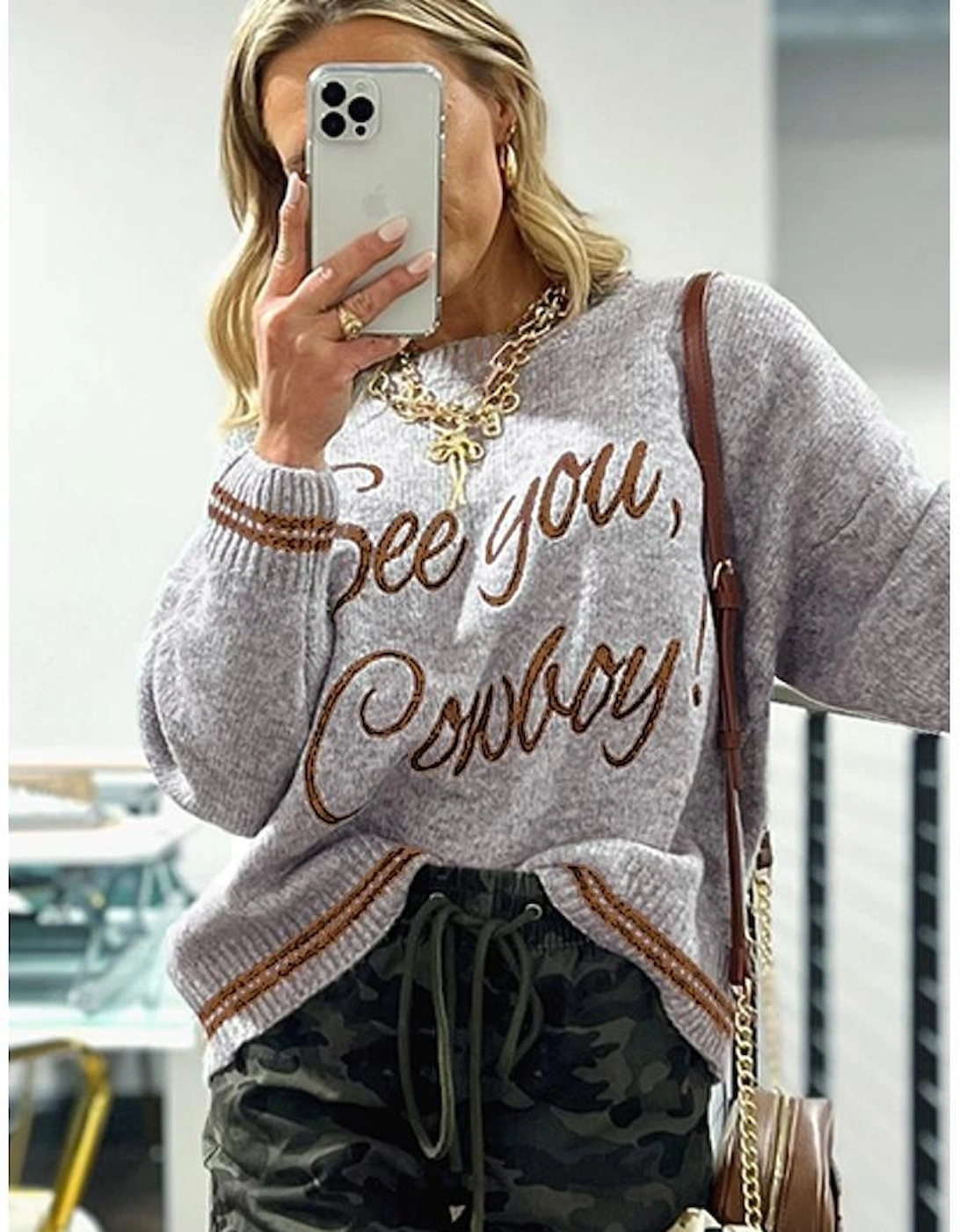 Light Grey See You Cowboy Embroidered Western Graphic Sweater