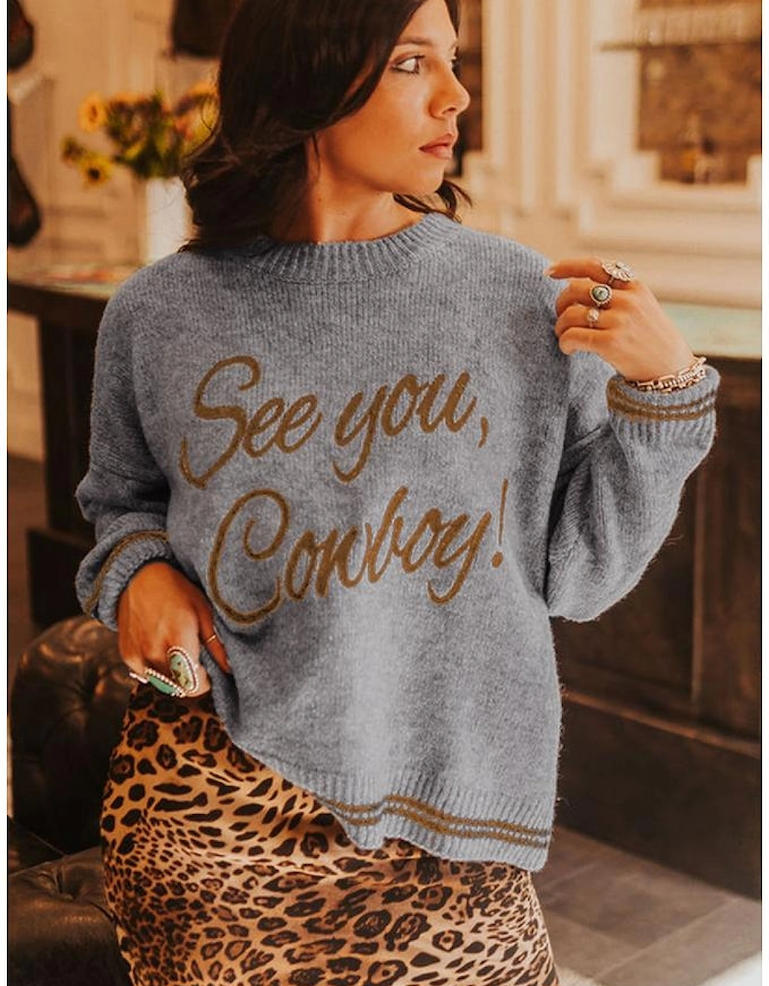 Light Grey See You Cowboy Embroidered Western Graphic Sweater