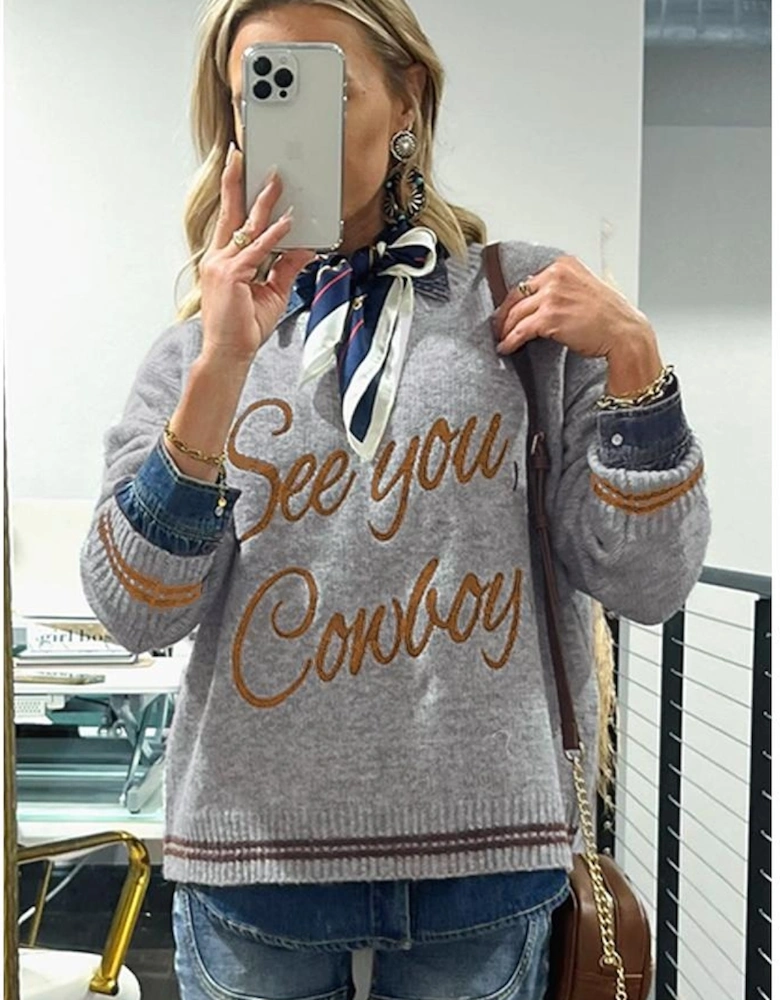 Light Grey See You Cowboy Embroidered Western Graphic Sweater