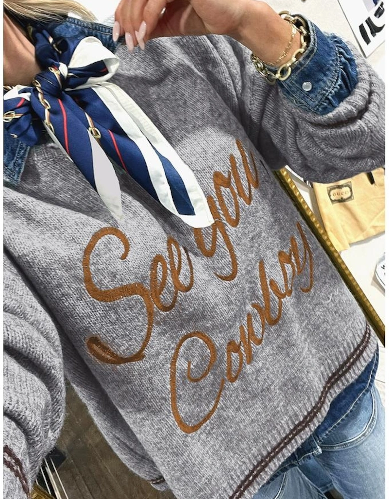 Light Grey See You Cowboy Embroidered Western Graphic Sweater