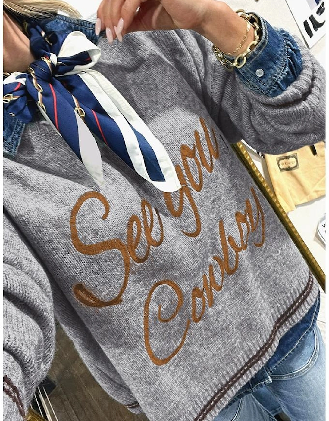 Light Grey See You Cowboy Embroidered Western Graphic Sweater, 6 of 5