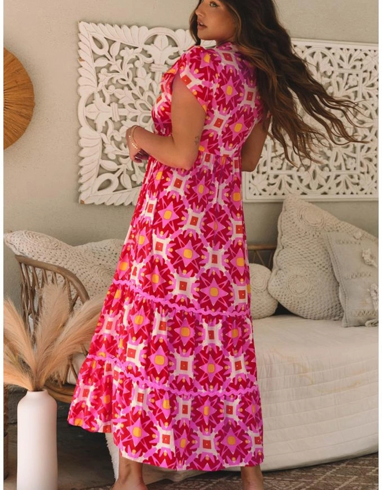 Strawberry Pink Geo Print V-neck Maxi Dress
