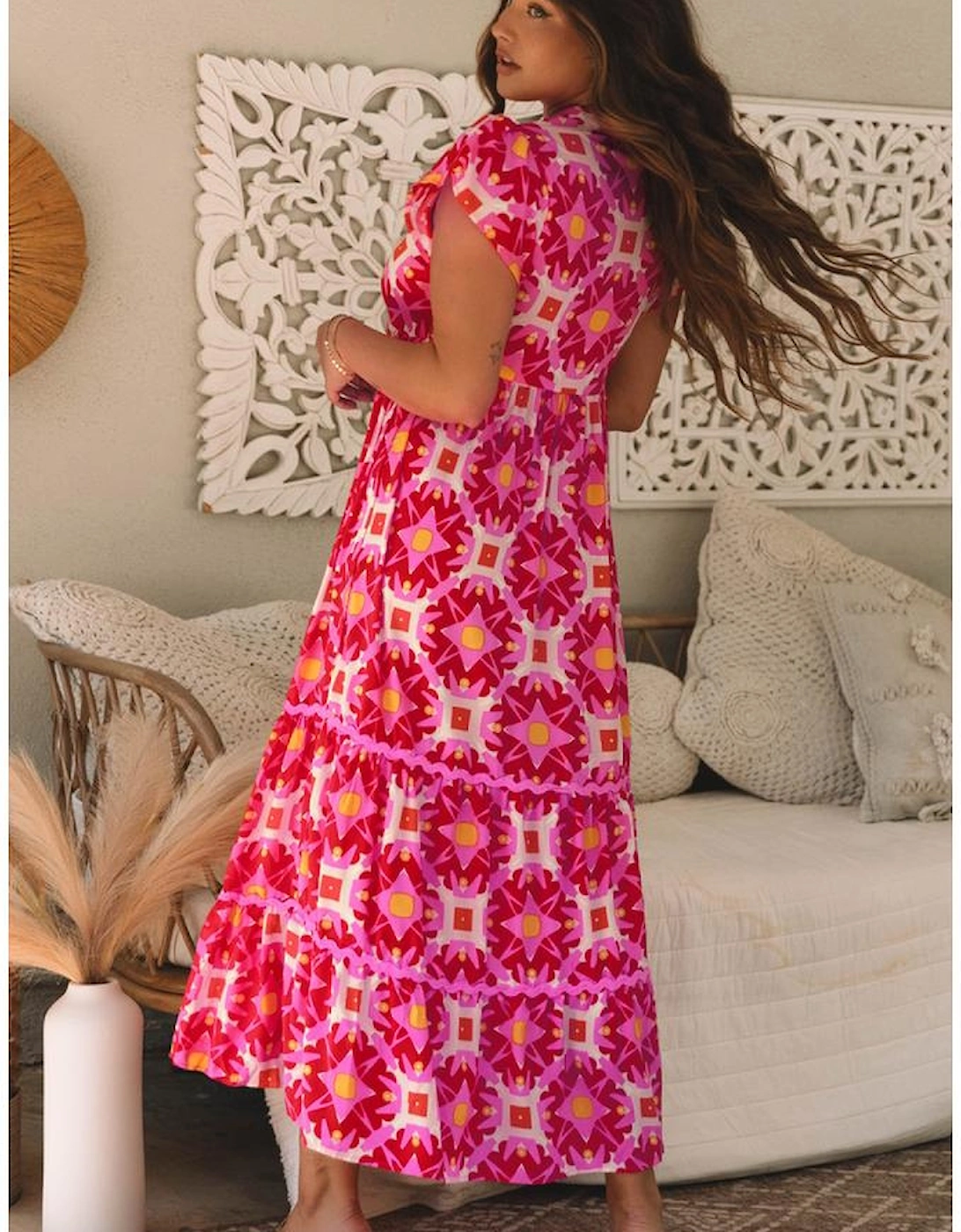 Strawberry Pink Geo Print V-neck Maxi Dress
