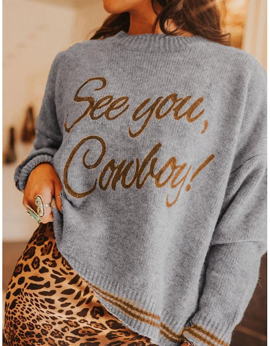 Light Grey See You Cowboy Embroidered Western Graphic Sweater