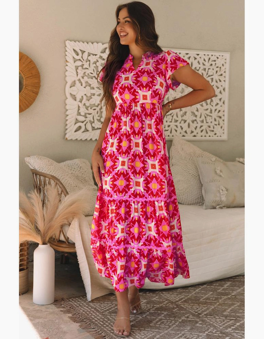 Strawberry Pink Geo Print V-neck Maxi Dress, 12 of 11