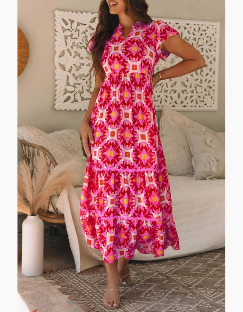 Strawberry Pink Geo Print V-neck Maxi Dress