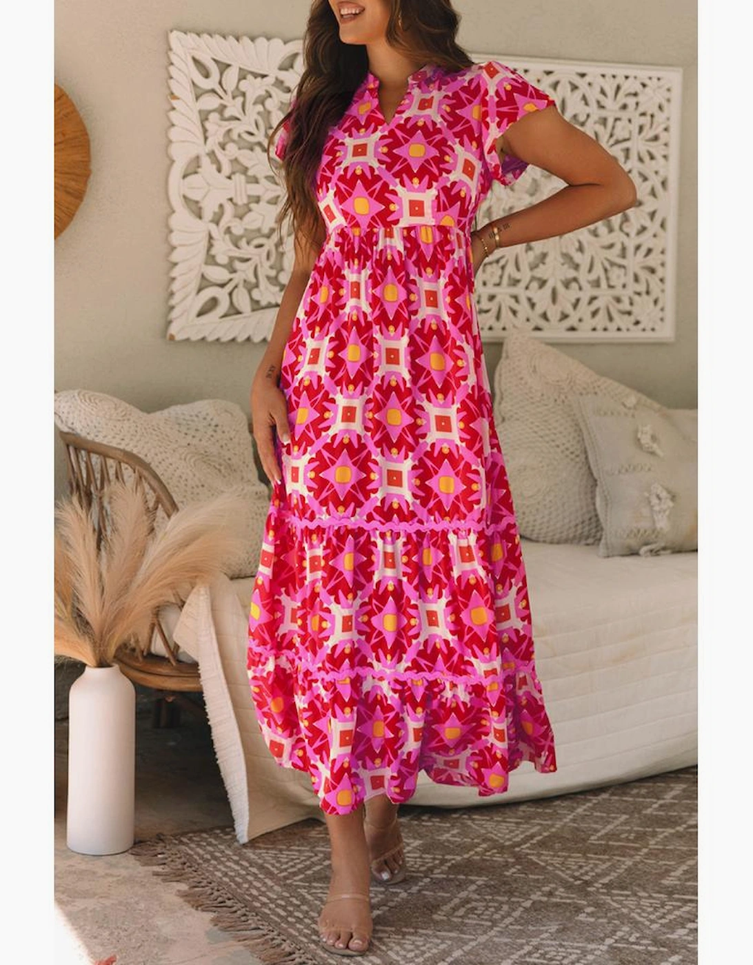 Strawberry Pink Geo Print V-neck Maxi Dress