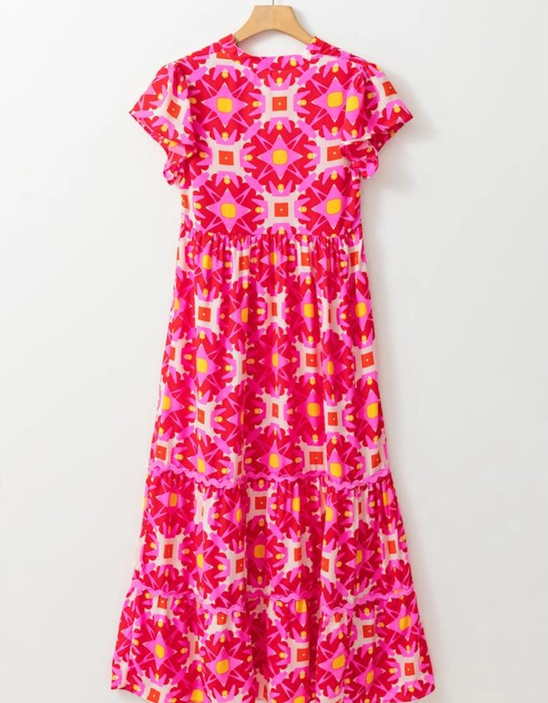 Strawberry Pink Geo Print V-neck Maxi Dress