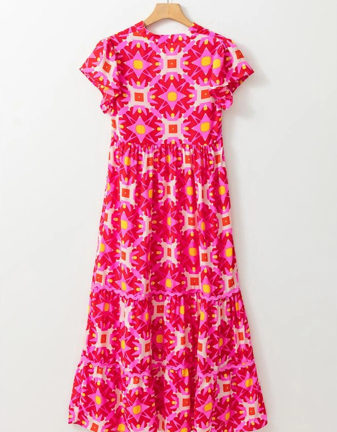 Strawberry Pink Geo Print V-neck Maxi Dress