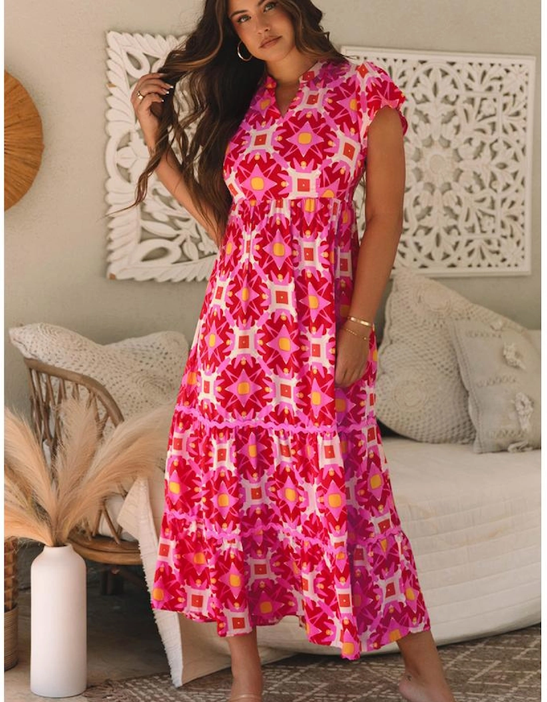 Strawberry Pink Geo Print V-neck Maxi Dress