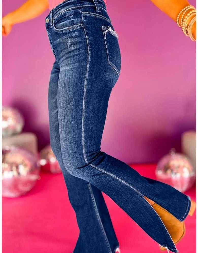 Dirty blue Plus Size High Waist Side Slits Flare Jeans