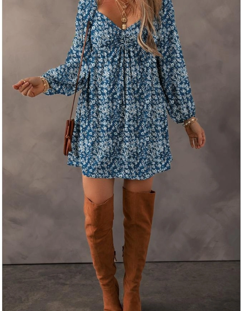 Blue Floral Print Sweetheart Neck Shirred Back Mini Dress