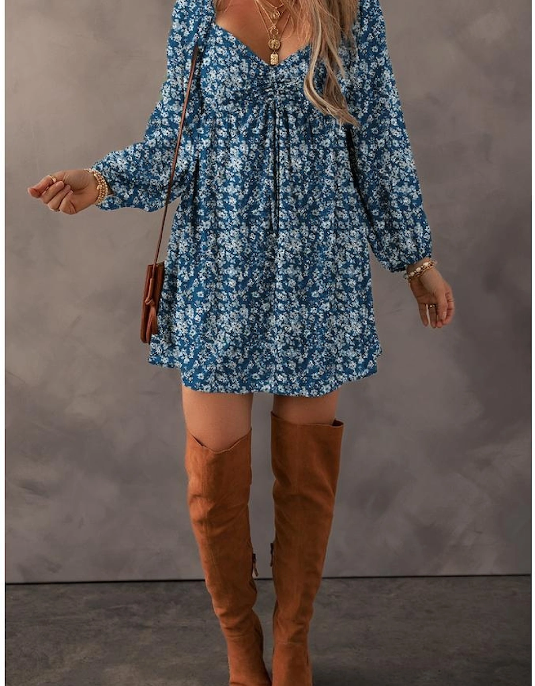 Blue Floral Print Sweetheart Neck Shirred Back Mini Dress
