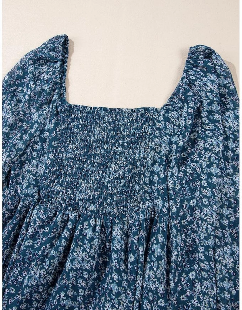 Blue Floral Print Sweetheart Neck Shirred Back Mini Dress