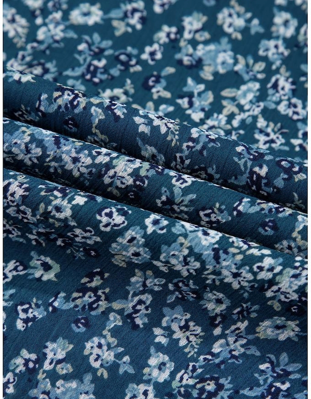 Blue Floral Print Sweetheart Neck Shirred Back Mini Dress