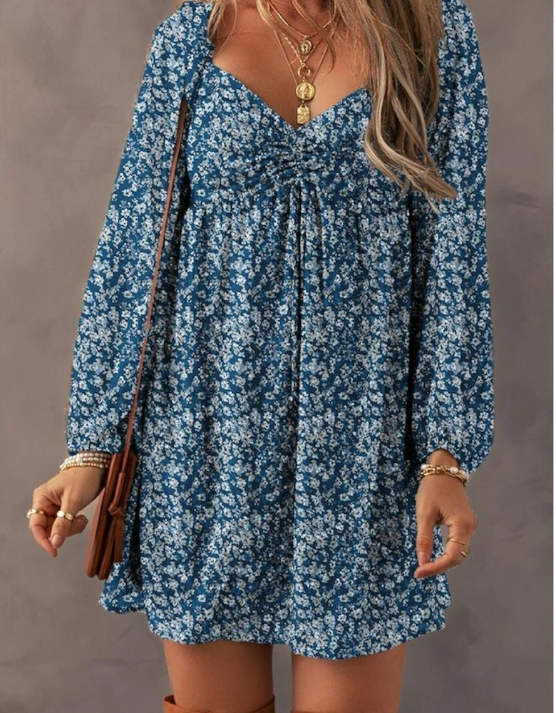 Blue Floral Print Sweetheart Neck Shirred Back Mini Dress