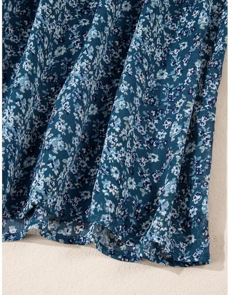 Blue Floral Print Sweetheart Neck Shirred Back Mini Dress