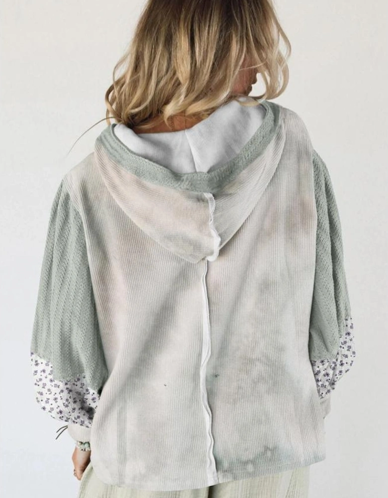 Green Floral Patched Waffle Textured Colorblock V Neck Casual Hooded Top