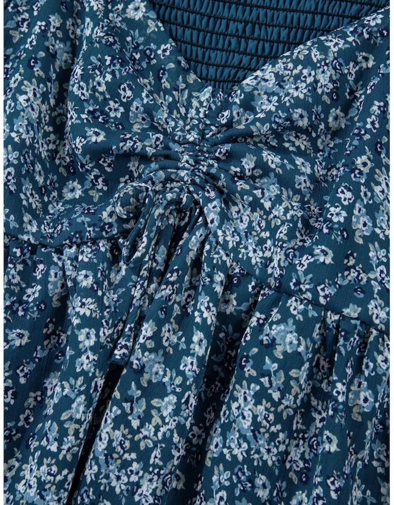 Blue Floral Print Sweetheart Neck Shirred Back Mini Dress