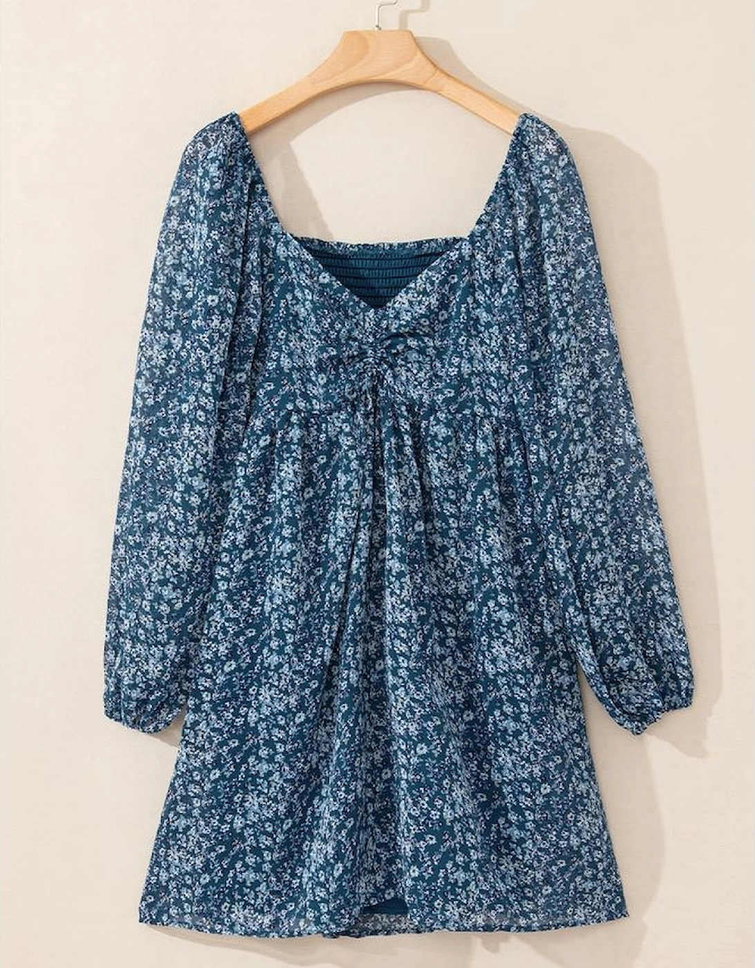 Blue Floral Print Sweetheart Neck Shirred Back Mini Dress