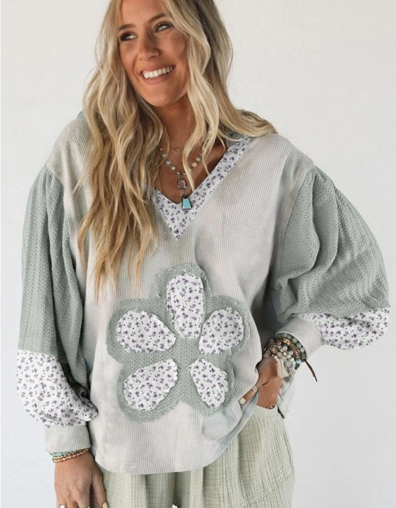 Green Floral Patched Waffle Textured Colorblock V Neck Casual Hooded Top