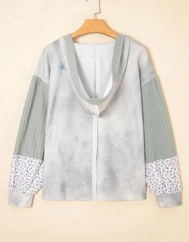Green Floral Patched Waffle Textured Colorblock V Neck Casual Hooded Top