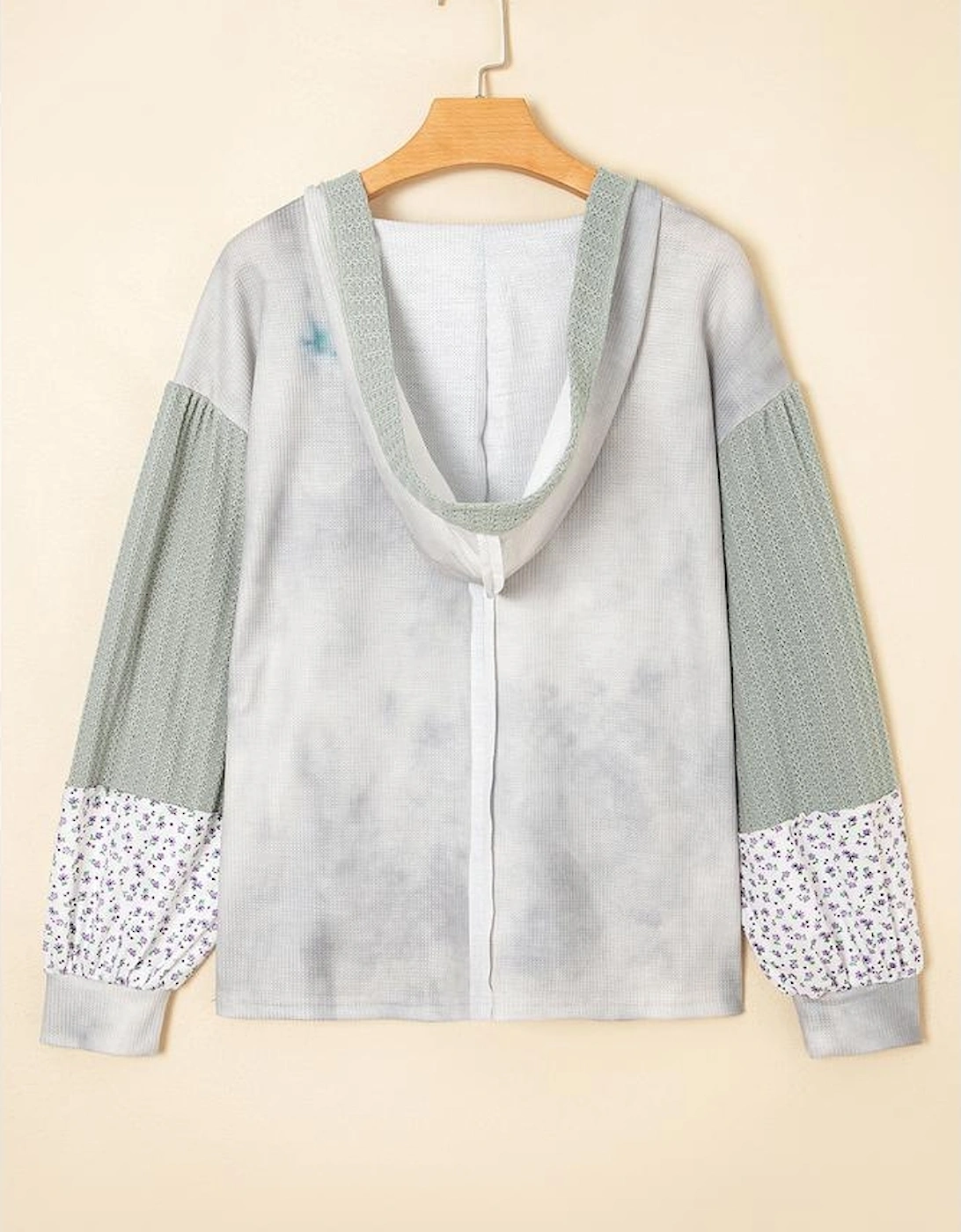 Green Floral Patched Waffle Textured Colorblock V Neck Casual Hooded Top