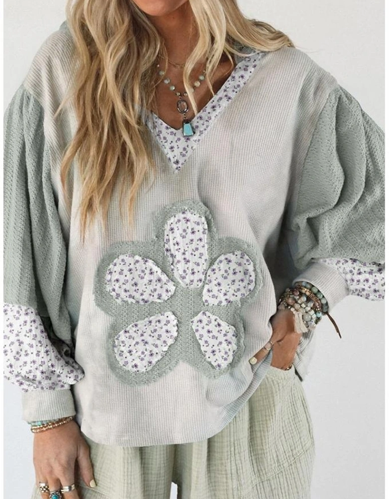 Green Floral Patched Waffle Textured Colorblock V Neck Casual Hooded Top