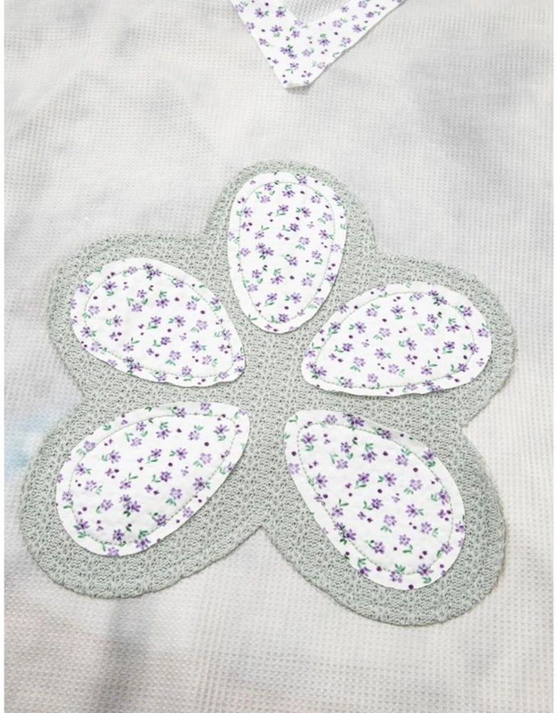 Green Floral Patched Waffle Textured Colorblock V Neck Casual Hooded Top