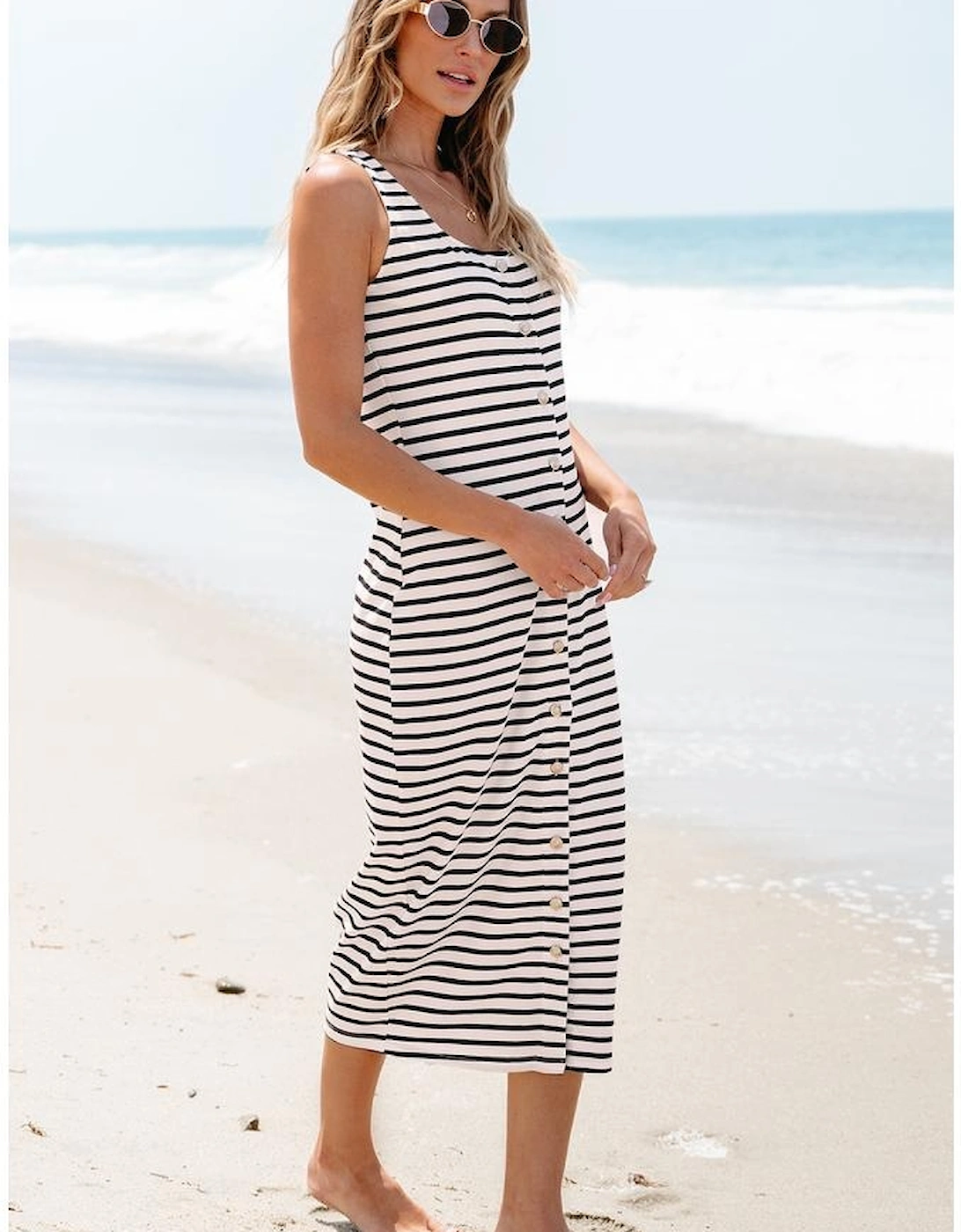 White Striped Print Sleeveless Buttoned Maxi Dress, 14 of 13