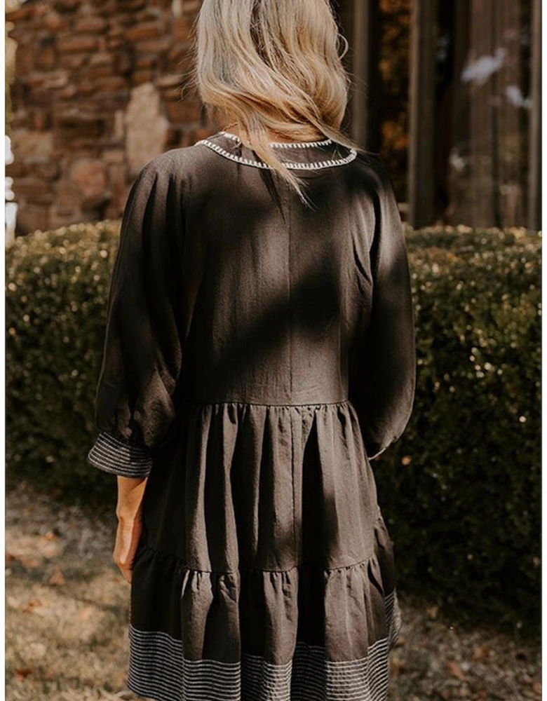 Black Contrast Stitched V Neck 3/4 Sleeve Tiered Mini Dress
