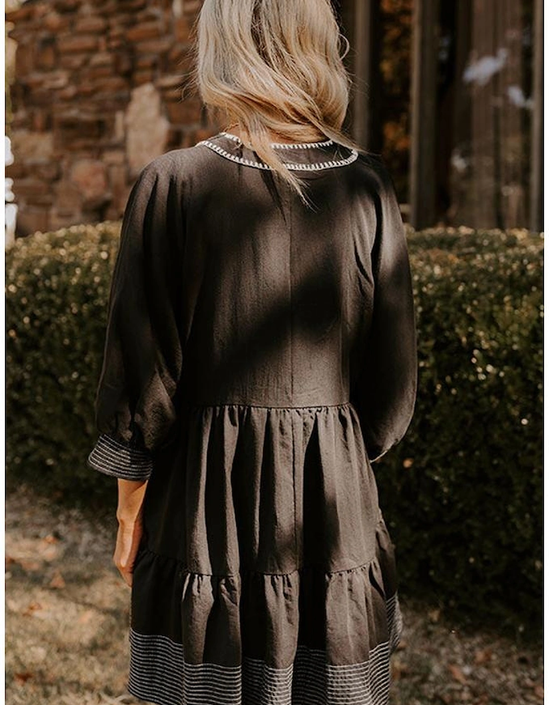 Black Contrast Stitched V Neck 3/4 Sleeve Tiered Mini Dress, 7 of 6