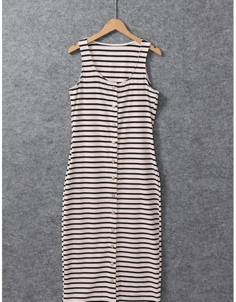 White Striped Print Sleeveless Buttoned Maxi Dress