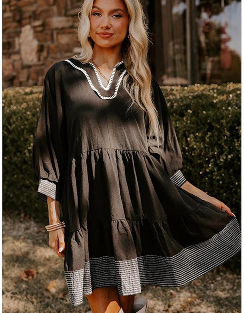 Black Contrast Stitched V Neck 3/4 Sleeve Tiered Mini Dress