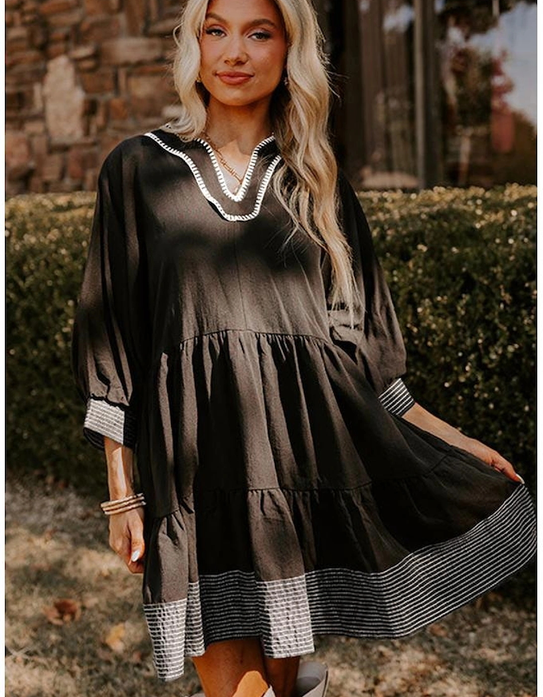 Black Contrast Stitched V Neck 3/4 Sleeve Tiered Mini Dress
