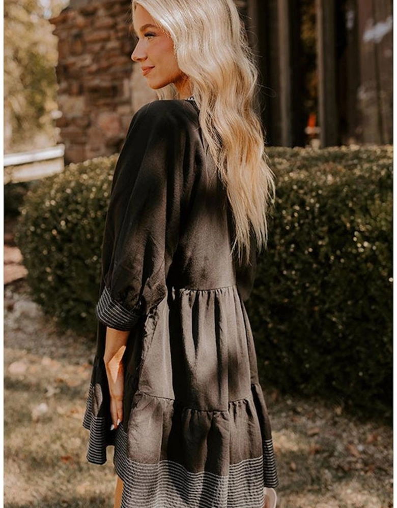 Black Contrast Stitched V Neck 3/4 Sleeve Tiered Mini Dress