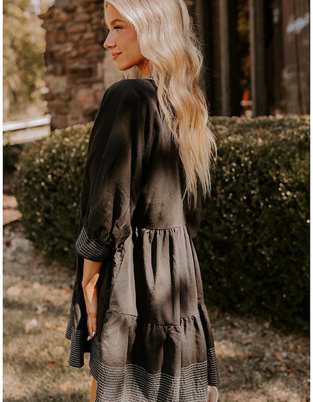 Black Contrast Stitched V Neck 3/4 Sleeve Tiered Mini Dress
