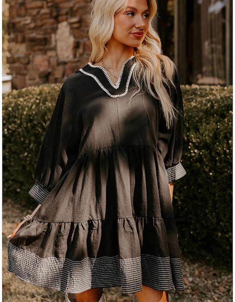 Black Contrast Stitched V Neck 3/4 Sleeve Tiered Mini Dress