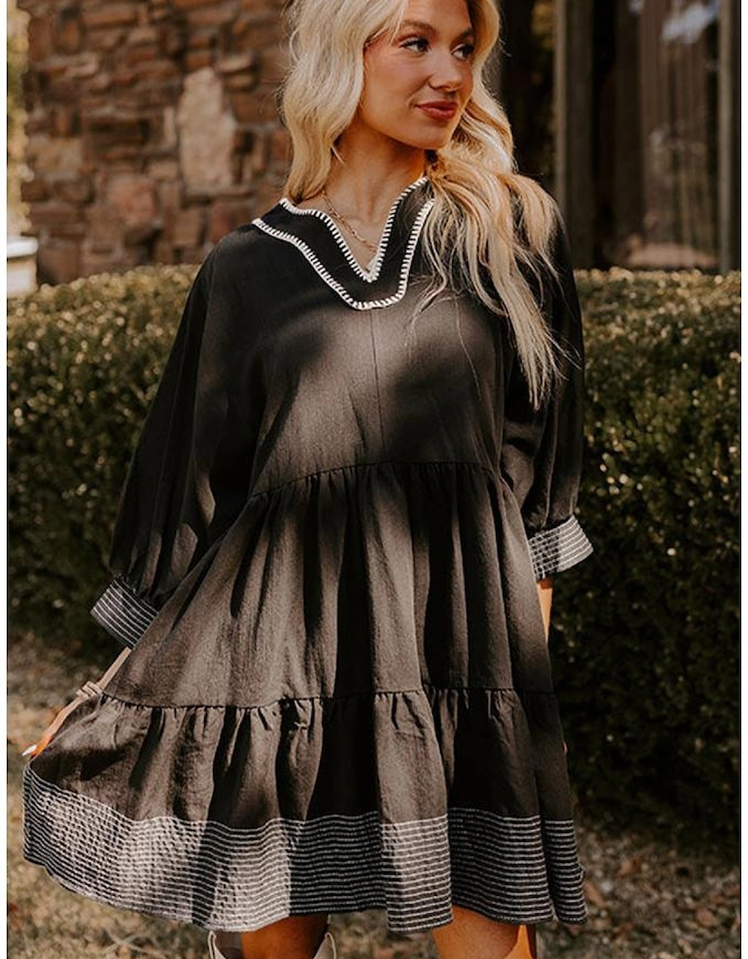 Black Contrast Stitched V Neck 3/4 Sleeve Tiered Mini Dress