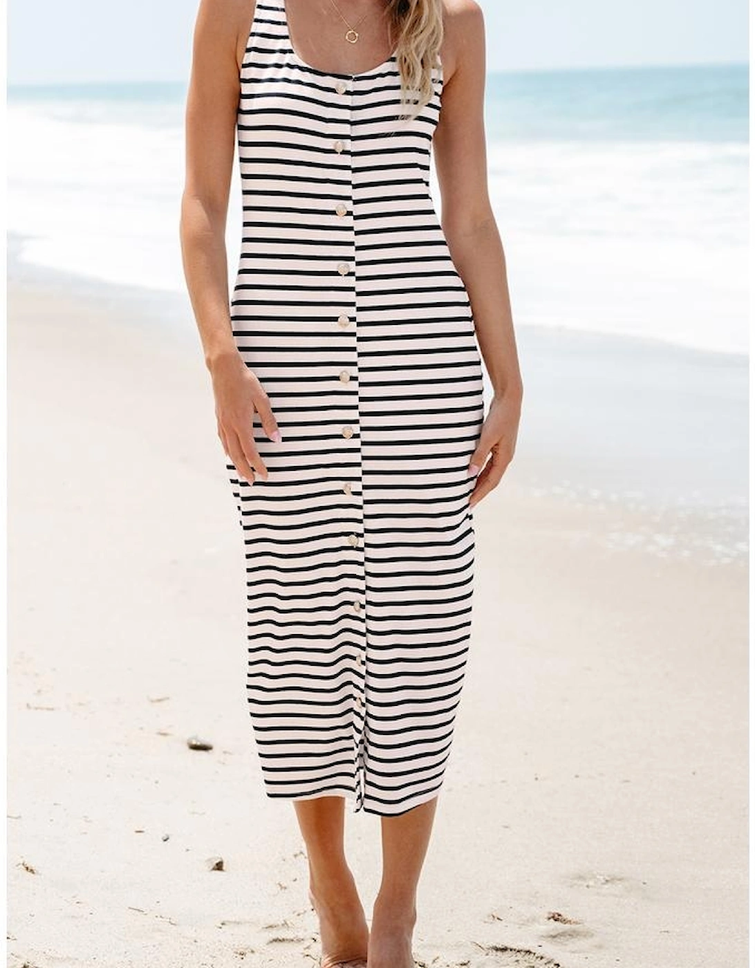 White Striped Print Sleeveless Buttoned Maxi Dress