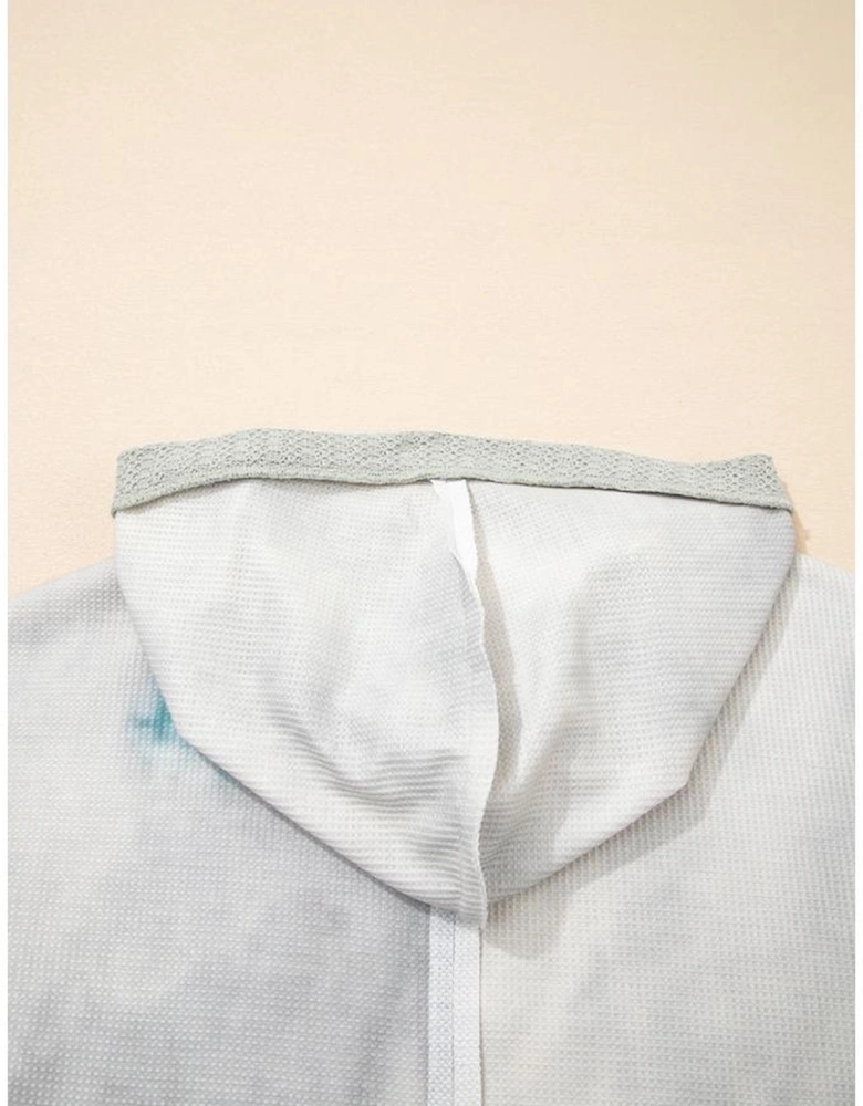 Green Floral Patched Waffle Textured Colorblock V Neck Casual Hooded Top