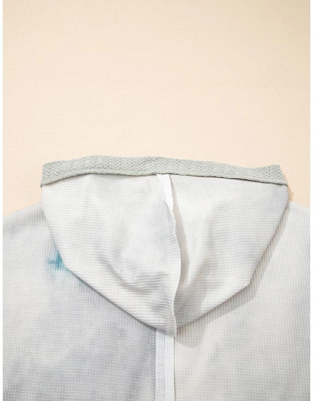 Green Floral Patched Waffle Textured Colorblock V Neck Casual Hooded Top