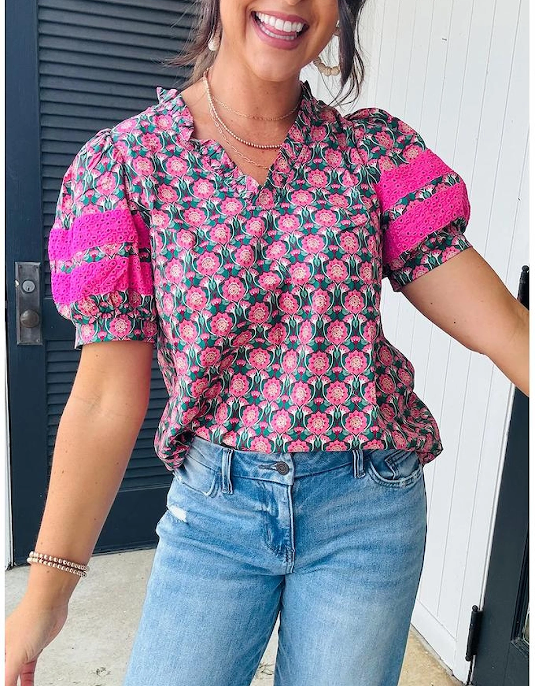 Sachet Pink V-Neck Ruffle Abstract Floral Print Puff Sleeve Top, 14 of 13