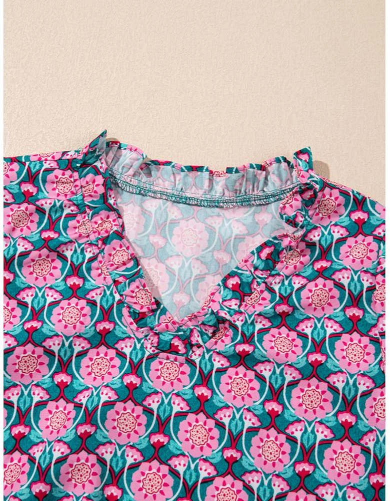 Sachet Pink V-Neck Ruffle Abstract Floral Print Puff Sleeve Top
