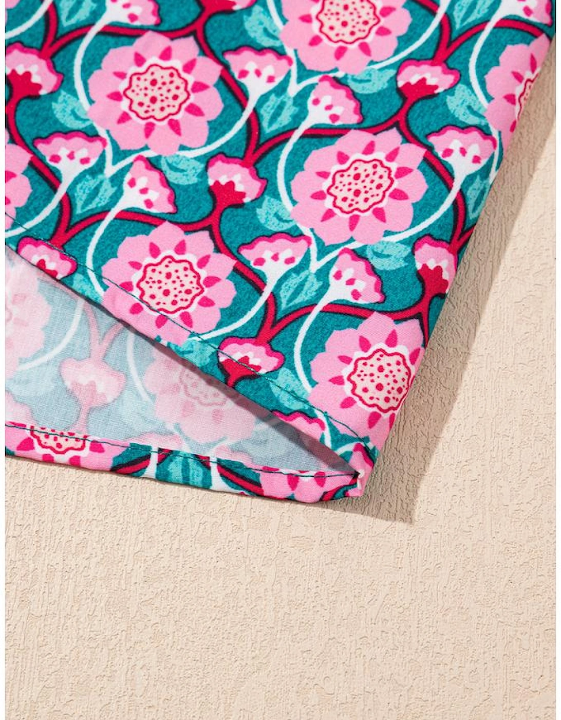 Sachet Pink V-Neck Ruffle Abstract Floral Print Puff Sleeve Top