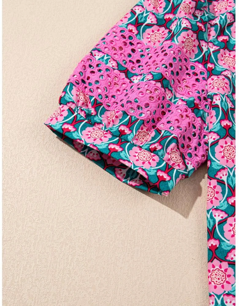 Sachet Pink V-Neck Ruffle Abstract Floral Print Puff Sleeve Top